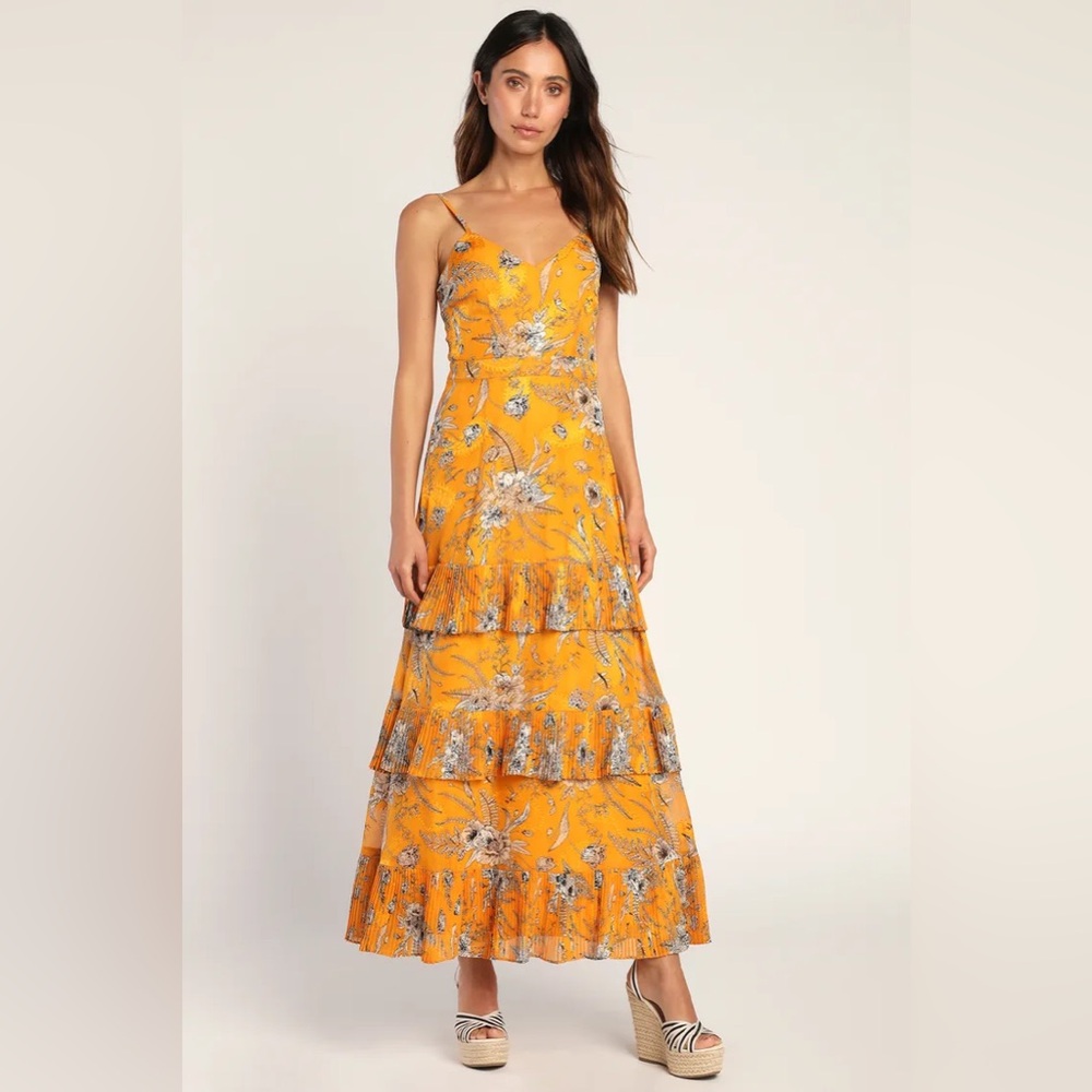 NWT Lulus Beaming Babe Golden Yellow Floral Jacquard Tiered Maxi Dress